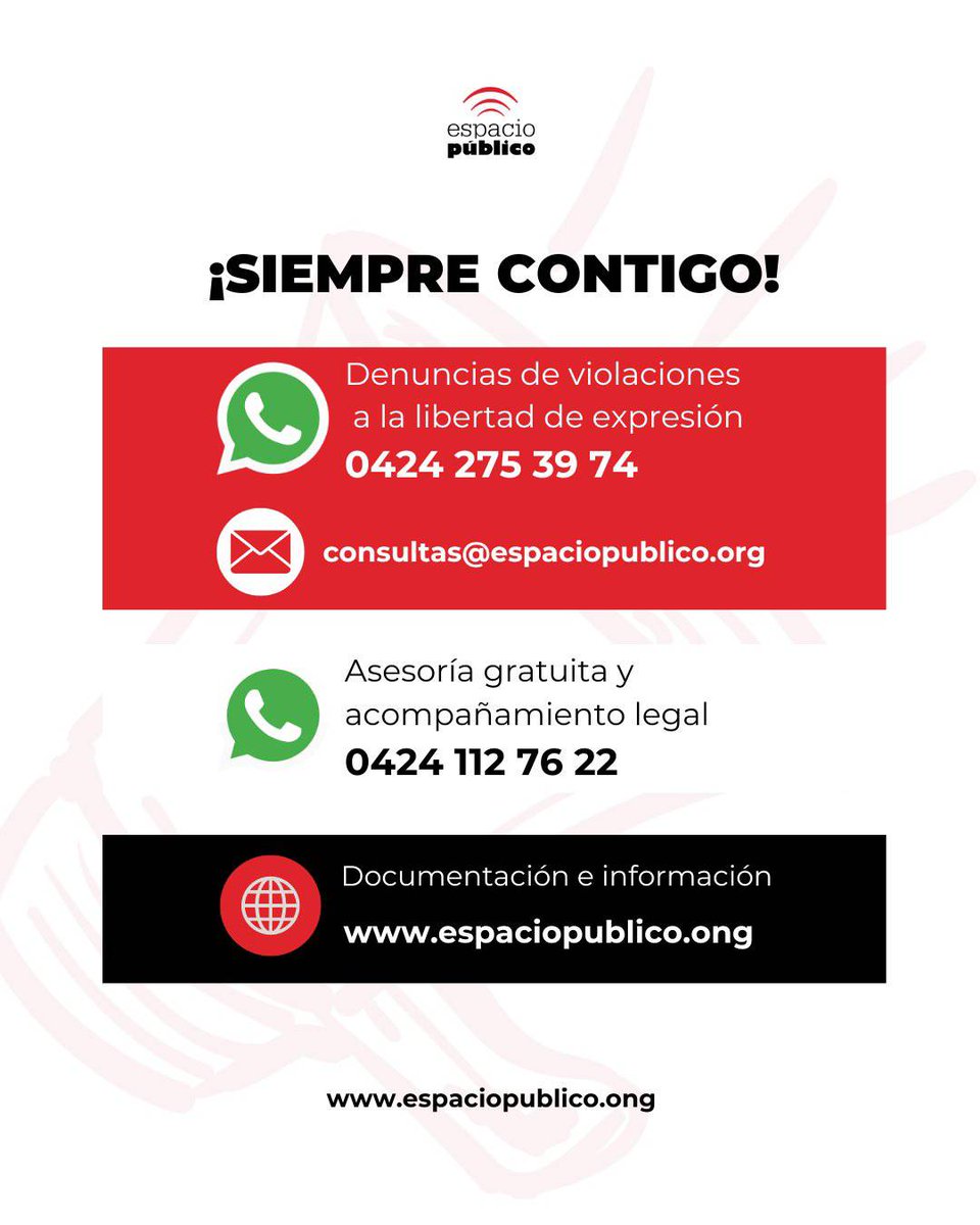espaciopublico's tweet photo. ¡𝗦𝗶𝗲𝗺𝗽𝗿𝗲 𝗰𝗼𝗻𝘁𝗶𝗴𝗼 🙌!

Te dejamos nuestros números de contacto en caso de que violen tu derecho a la #LibertadDeExpresión

Es importante documentar, denunciar y difundir lo que sucede en #Venezuela https://t.co/VBYZraAUMN