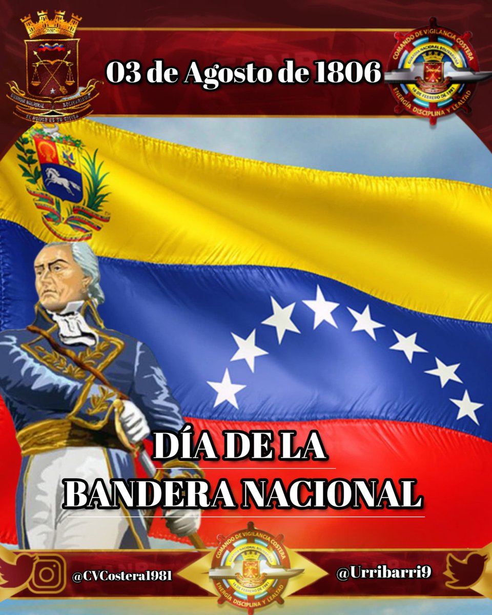 CVCostera1981's tweet image. 🇻🇪🗓️ Día de la Bandera Nacional

Un día como hoy hace ya 218 años, el 3 de agosto de 1806, el Almirante en Jefe, Francisco de Miranda junto a su expedición libertadora desembarcó en la Vela de Coro, y ondeó por primera vez en nuestro país la bandera tricolor.