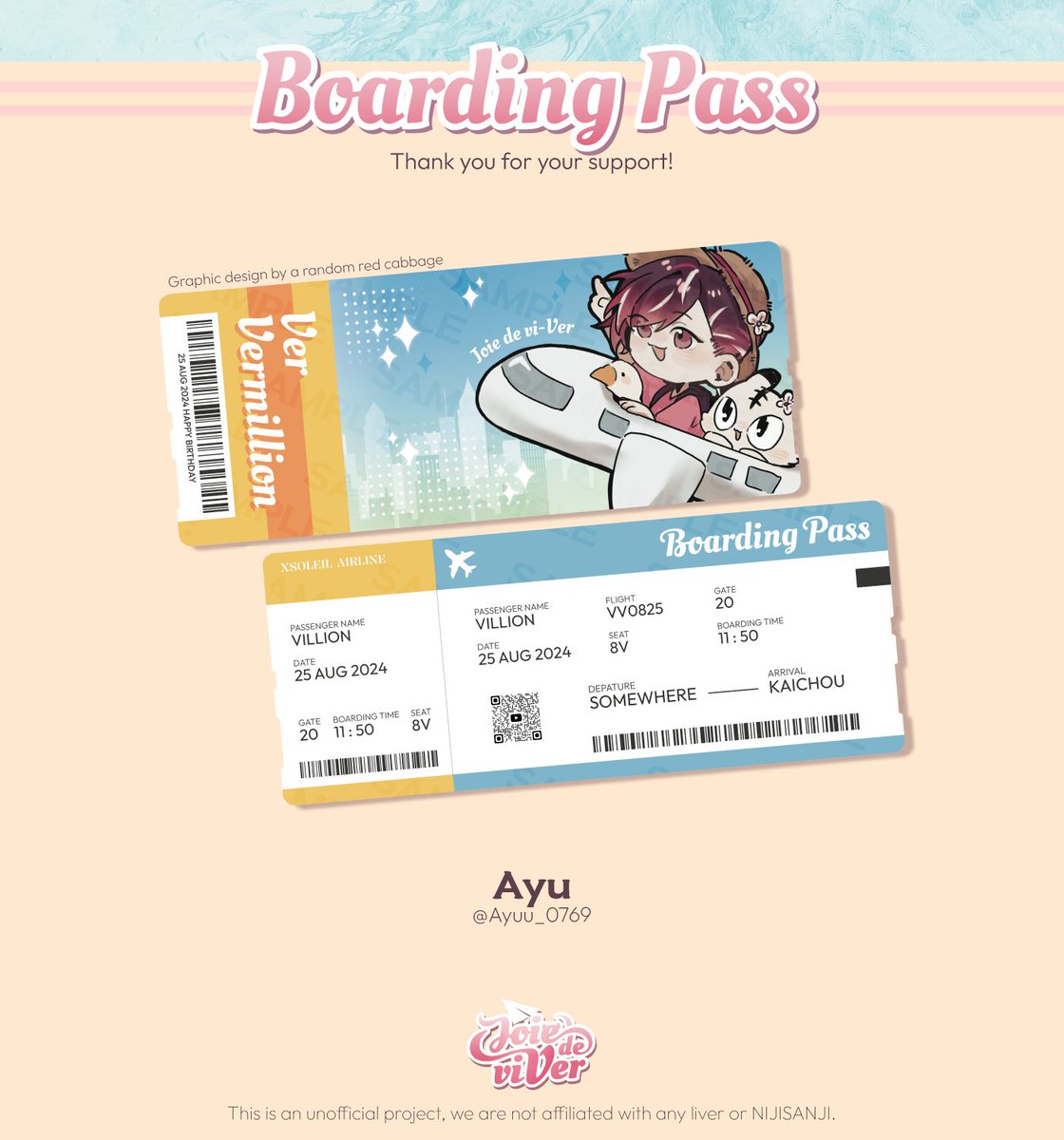✈️The 2nd souvenir reveal―✦

《𝑩𝒐𝒂𝒓𝒅𝒊𝒏𝒈 𝑷𝒂𝒔𝒔》

Illustration by
❤️Ayu(@/Ayuu_0769)

Graphic design by
❤️A random red cabbage

Thank you for your support!