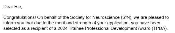 What a great news to start my August off <a href="/SfNtweets/">Society for Neuroscience (SfN)</a> Trainee Professional Development Award 🥳🎉 Since starting final phase of my #PhD journey, my advice from my supervisor <a href="/jfcryan/">John F. Cryan</a> "keep the eye on the ball" is my new favourite idiom 🔥 So thrilled to present my finding at #SfN24