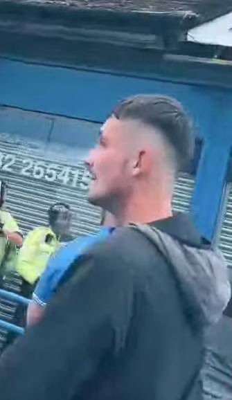 This guy just hurled a brick from about 3 feet away at a cop. Full pelt. <a href="/StaffsPolice/">Staffordshire Police</a>