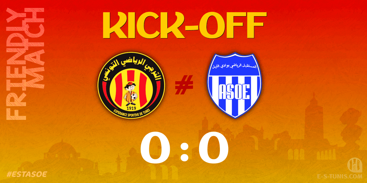 ESTuniscom's tweet photo. ⏱ 01' | #Friendly  #ESTASOE | @ESTuniscom 0⃣-0⃣ #ASOuedEllil : The match kicks off / بداية المباراة / Coup d'envoi du match https://t.co/hB5tM4BtgV