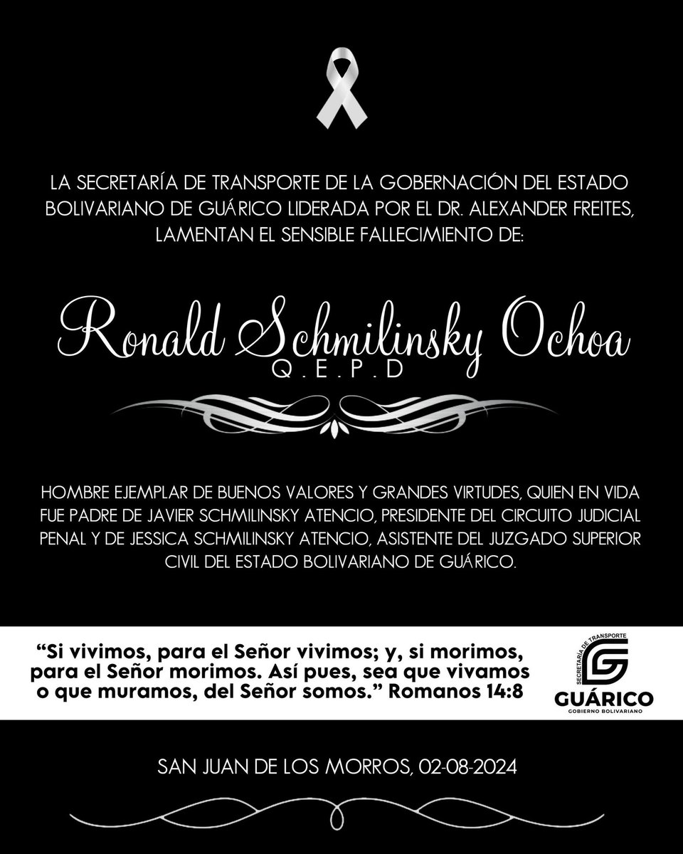 Queremos expresar nuestras más sinceras palabras de condolencias al Presidente del Circuito Judicial Penal del estado Bolivariano de Guárico y a su hermana Asistente del Juzgado Superior Civil por el sensible fallecimiento de su padre.