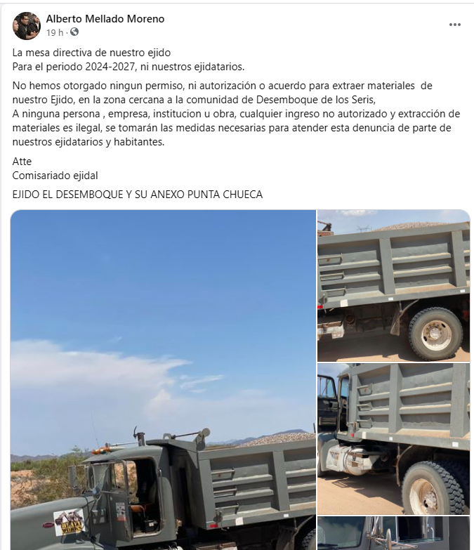 melladoalberto's tweet photo. Los ejidatarios 
No hemos otorgado ningún permiso, autorización o acuerdo para extraer materiales  de nuestro Ejido, 
A ninguna persona , empresa, institución u obra, cualquier ingreso no autorizado y extracción de materiales es ilegal, denuncian ejidatarios Comcaac https://t.co/nRngcOfrRO
