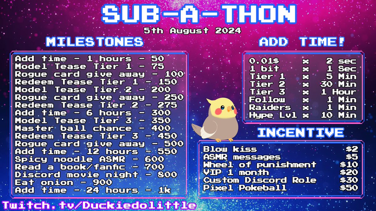Duckie_Dolittle's tweet image. My upcoming Subathon list!
Cant wait to see you all soon!