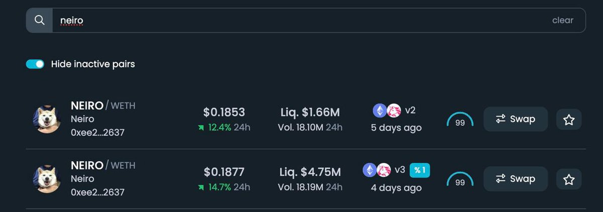 $NEIRO <a href="/neiro_ethereum/">Neiro Token</a> is bouncing hard. 

If you got shook out of your position by uneducated responses, there’s still time.

Q) “wtf why is liquidity too low” 
A) it’s not, there are two pools, see image below. 

Q) “wtf but the team own so much supply”
A) it’s called bundling,