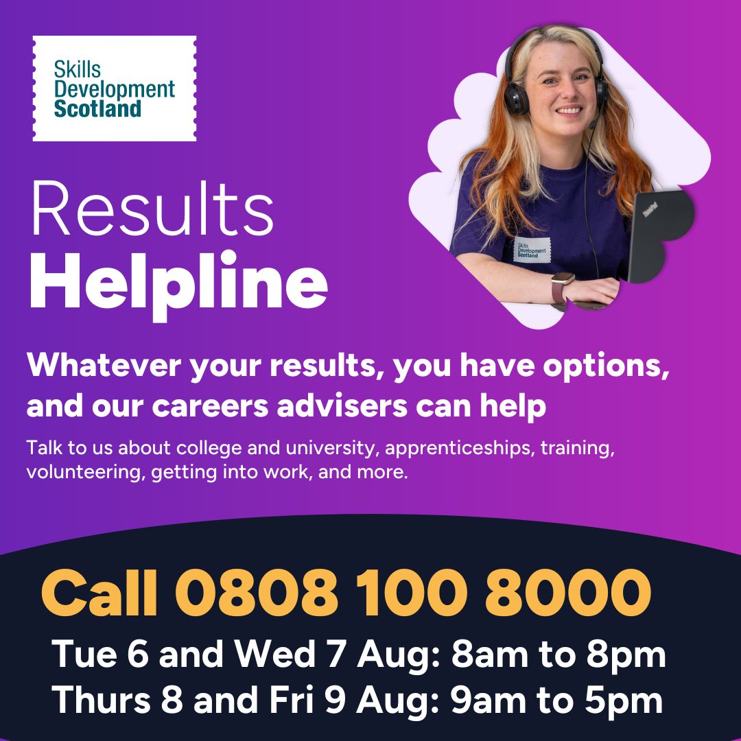 Parents and carers! Worried about your young person’s #SQAresults? 

From Results Day, Tuesday 6 August, Skills Development Scotland will be there for you on the phone, in SDS centres, and there’s help online at myworldofwork.co.uk.