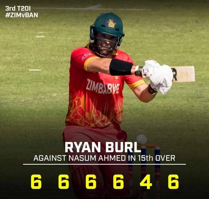 *On this day 2 years ago*

3 August 2022

Exactly 2 years ago, <a href="/ZimCricketv/">Zimbabwe Cricket</a> star all rounder <a href="/ryanburl3/">Ryan Burl</a> smashed  34 runs off am over vs Bangladesh’s Nasum Ahmed at Harare Sports Club.

Nasum Ahmed last international match 3 August 2022 vs Zimbabwe🫣