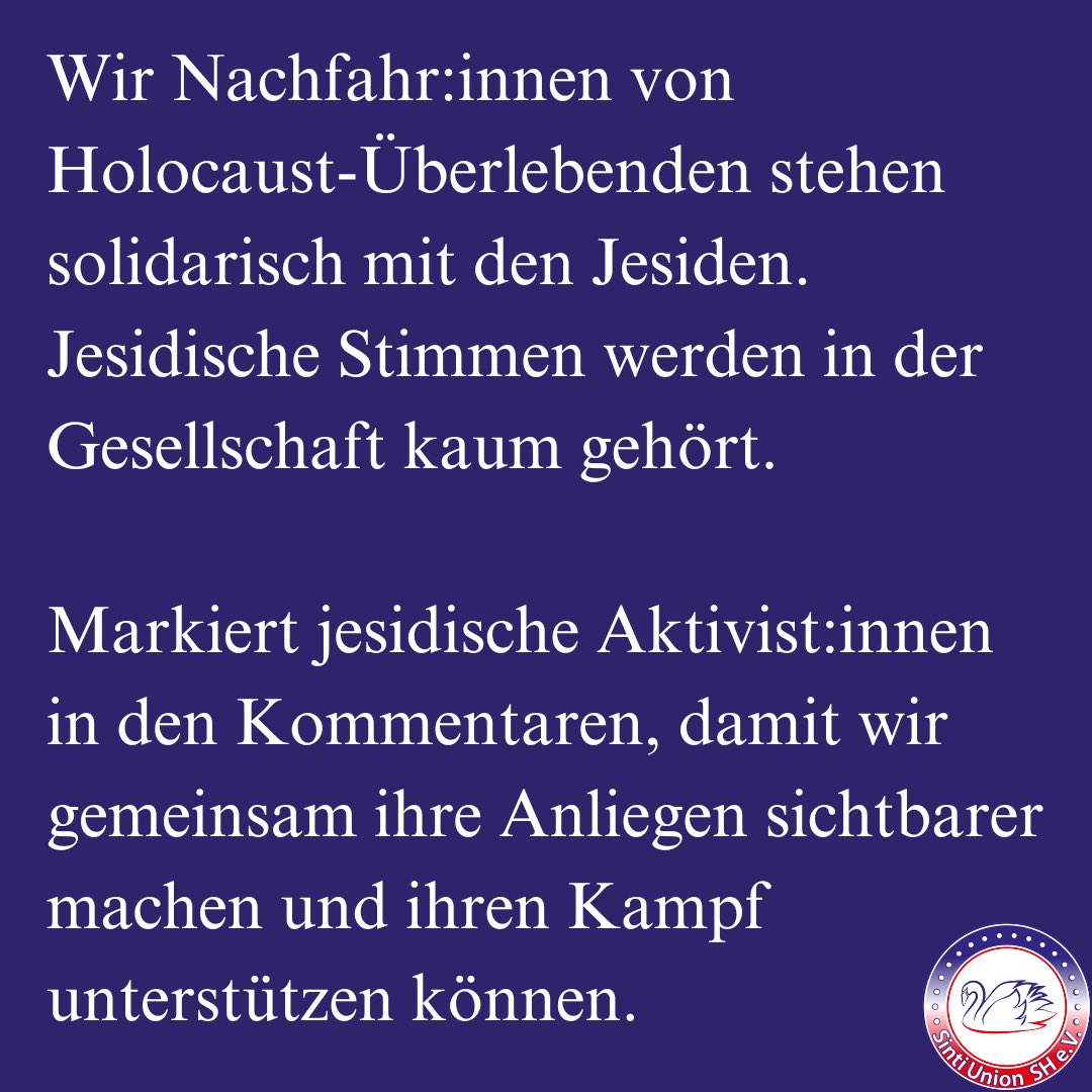 Wir Nachfahr:innen von Holocaust-Überlebenden stehen solidarisch mit den Jesiden. Jesidische Stimmen werden in der Gesellschaft kaum gehört.
Markiert jesidische Aktivist:innen in den Kommentaren, damit wir gemeinsam ihre Anliegen sichtbarer machen&amp;ihren Kampf unterstützen können.