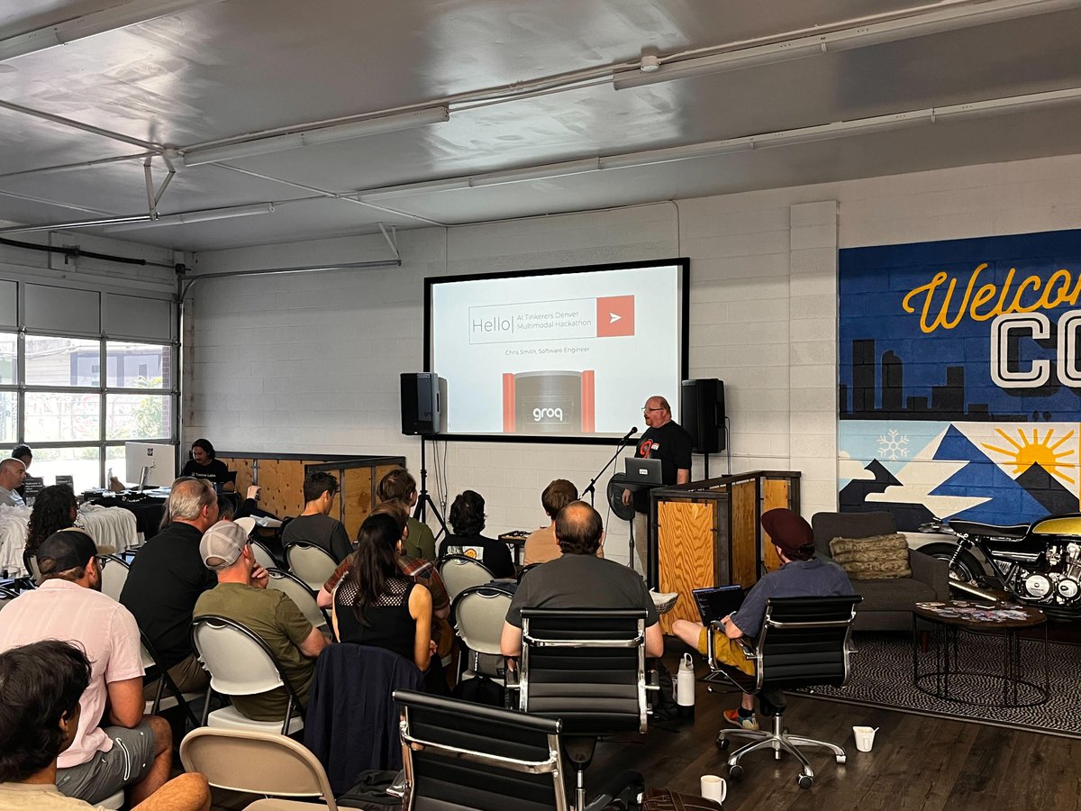 GroqInc's tweet image. It&apos;s exciting to see the Denver Multimodal Hackathon take off! Can&apos;t wait to see what&apos;s built on Groq. Thanks to all the co-sponsors - @AITinkerers Denver-Boulder, @twelve_labs, @BuildWithFocus, @brainwavecoop, @freeplay_ai &amp;amp; @CodeTechTalent.