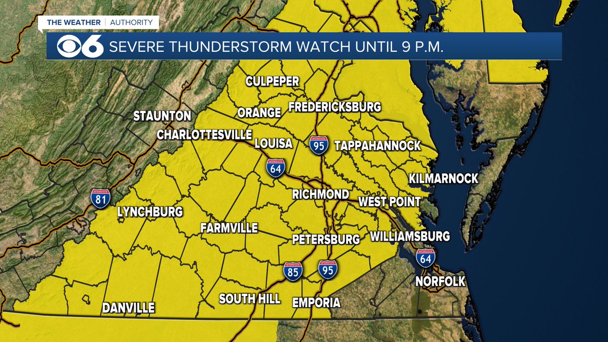 A Severe Thunderstorm Watch is in effect for all of central Virginia until 9PM.  Thunderstorms developing across the region will produce torrential rain, frequent light and potential damaging wind gusts up to 70 mph.  Be on the lookout for threatening weather conditions! <a href="/CBS6/">WTVR CBS 6 Richmond</a>