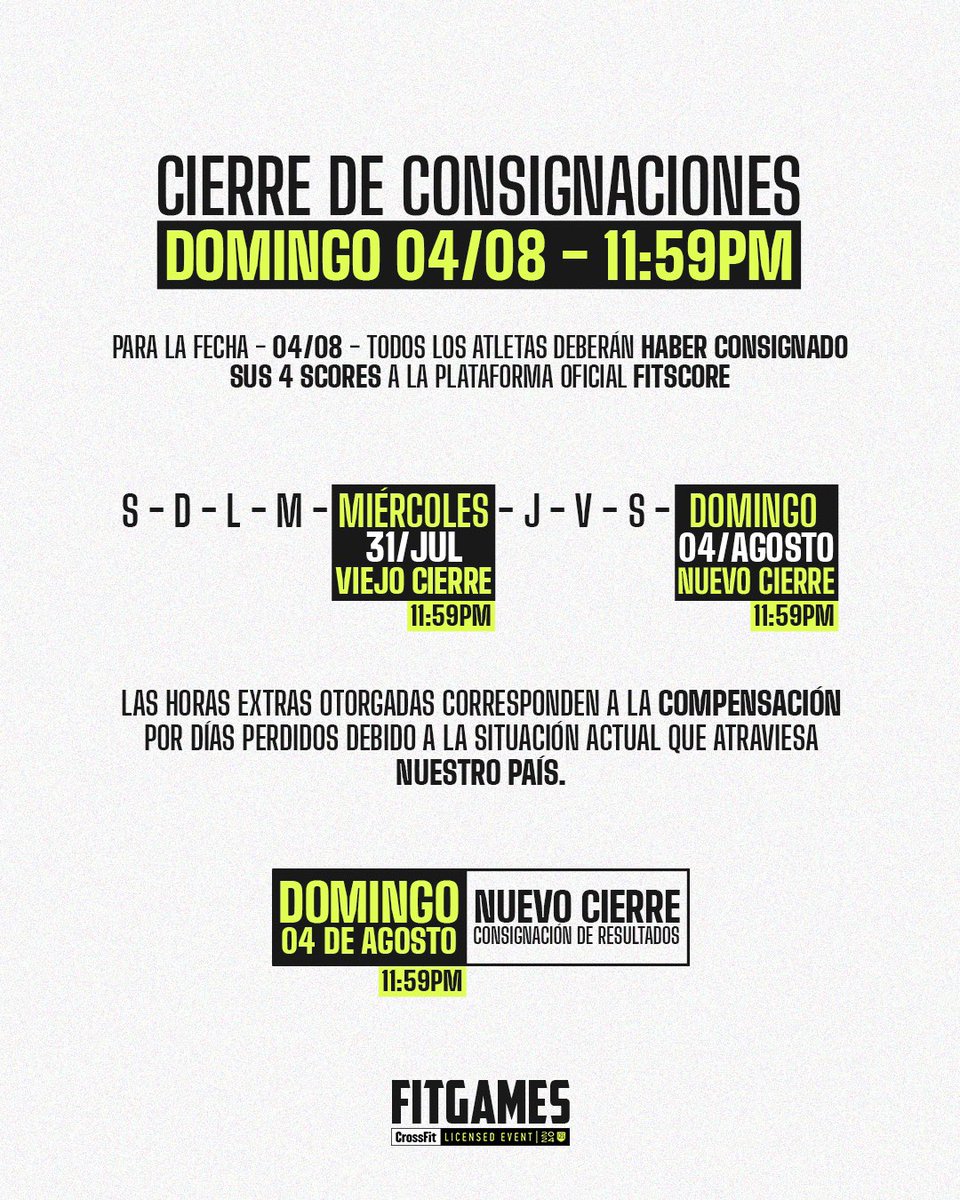 FitGamesORG's tweet photo. 📋 Cierre de consignaciones: DOMINGO 04/08 > 11:59pm ⏰

Si te encuentras en una condición especial CONSTATABLE, por error en la consignación, por tu ciudad o tu centro de entrenamiento, comunícate con la Organización FitGames a través de los siguientes contactos:

📧 scoringfitgames@gmail.com
📲 +58 424‑6344785 (WhatsApp)