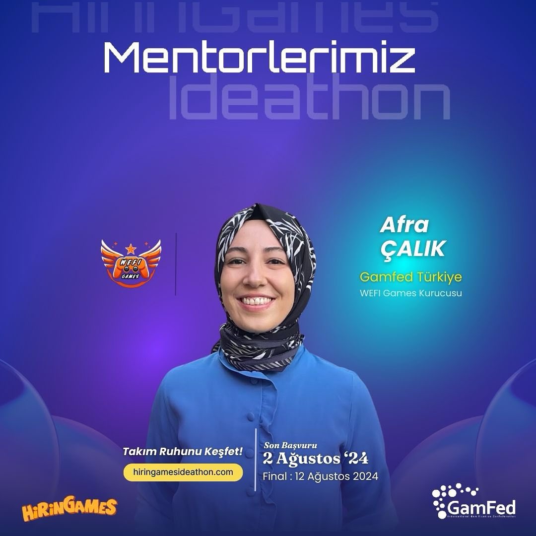 🎮 HirinGames Ideathon: Takım Ruhunu Keşfet! ❗
GamFed Türkiye ve HirinGames iş birliğiyle 5-12 Ağustos tarihleri arasında düzenlenen fikir yarışmasında Gamfed Türkiye Gönüllüsü ve WEFI GAMES kurucusu Afra Çalık mentörlerimiz arasında yer alıyor 😎 
<a href="/calikafra/">Afra ÇALIK</a>