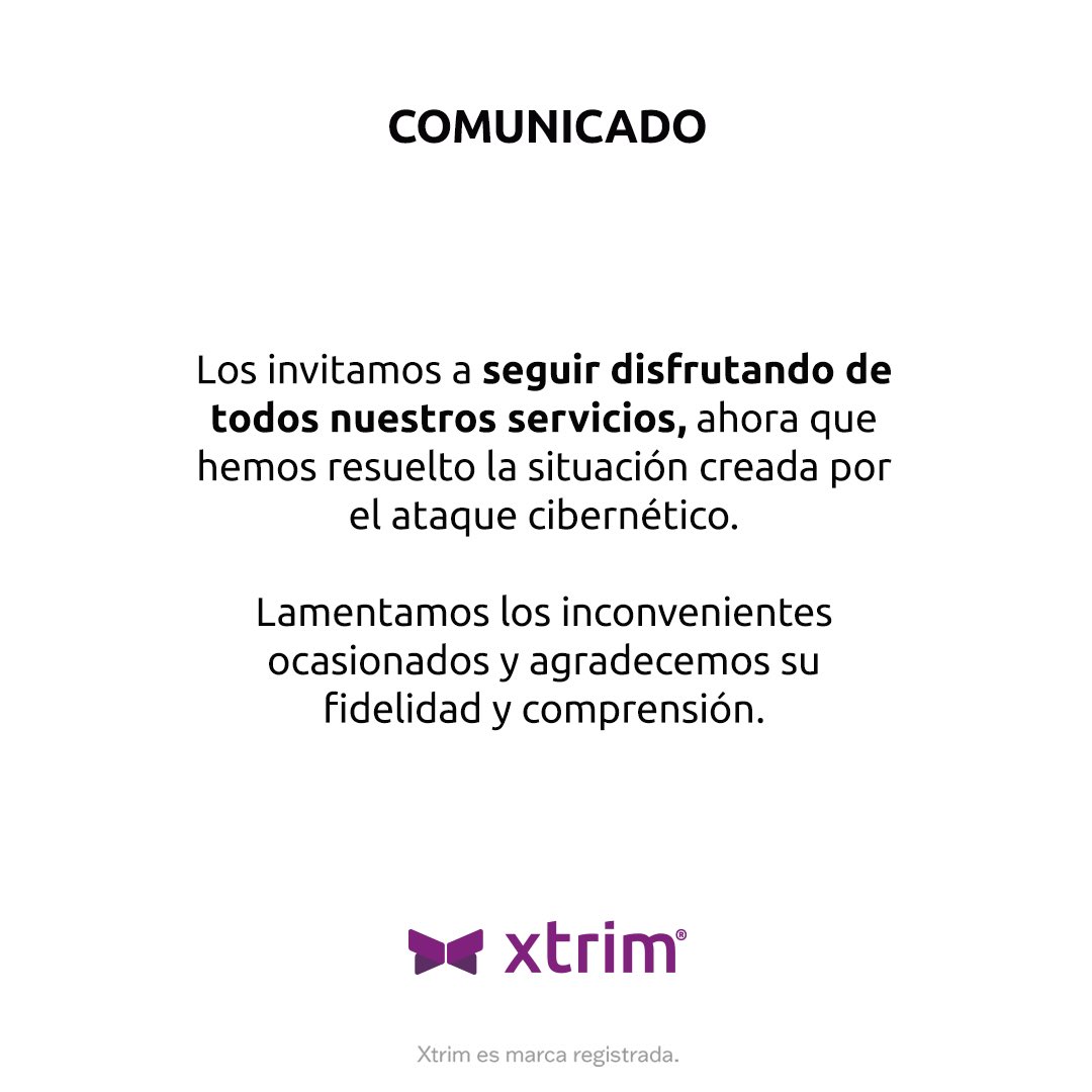 ¡Anuncio Importante! 📣
Informamos a nuestros clientes que hemos resuelto las situaciones presentadas, nuestros servicios se presentan con normalidad.