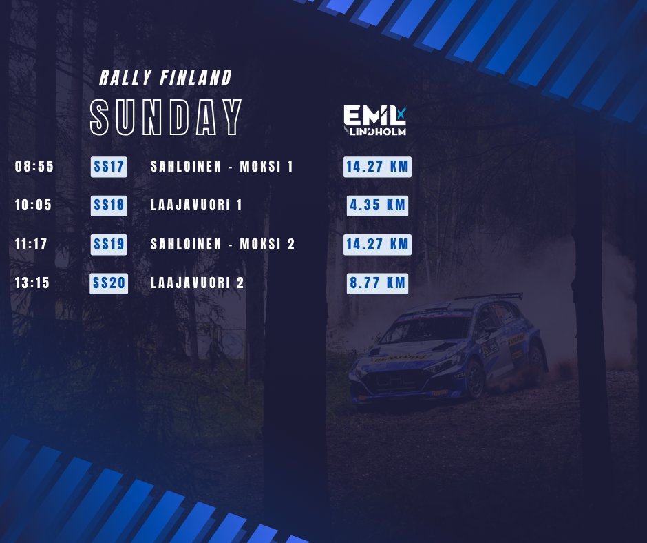 #WRC 🇫🇮 #SectoRallyFinland
Sunday 4.8.

🏎 #35 WRC2
🏁 4 stages / 41.66 km
🛣 Gravel
🌦 20°C

ℹ️ rallyfinland.fi
⏱ wrc.com/en/wrcplus/liv…
📻 yle.fi/mmralli

#WRC #HMSGofficial #RallyFinland <a href="/OfficialWRC/">FIA World Rally Championship</a> <a href="/RallyFinland/">Secto Rally Finland</a>