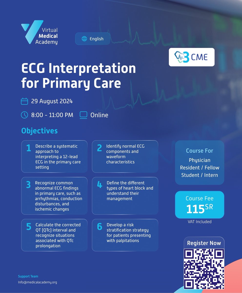 ▶️ ECG Interpretation for Primary Care
A comprehensive course where you’ll learn how to interpret ECG results and manage common conditions.
🎙️ Dr. Yassir Javaid <a href="/YassirJavaid/">Yassir Javaid</a> 
📆 29 Aug #online 
✅ 3 #cme 
✅Certificate Available
Register now:
medicalacademy.org/portal/event/v…