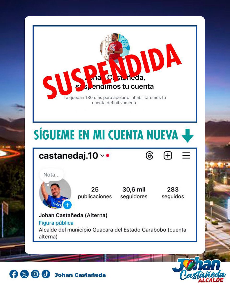 Lamento informar a la comunidad de la red social Instagram, que desde el día lunes 29 de julio fui victima de la censura de Mark Zuckerberg 🤬🤬🤬, y me suspendieron la cuenta de esta red. Ya cumplimos con todo el procedimiento para poder recuperarla, pero mientras tanto estaré