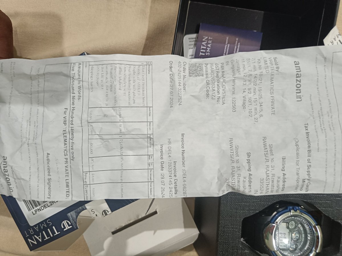 KaustubHkosu6's tweet photo. Hello Amazon, I ordered a Titan smartwatch on 27-07-2024 for ₹5995. However, I received a kid's watch instead. I have video proof of the unboxing. This is a fraud. The delivery person also refused to take the return. Who is responsible for this? I need a refund ASAP @amazonIN https://t.co/v0XfR6v6fR