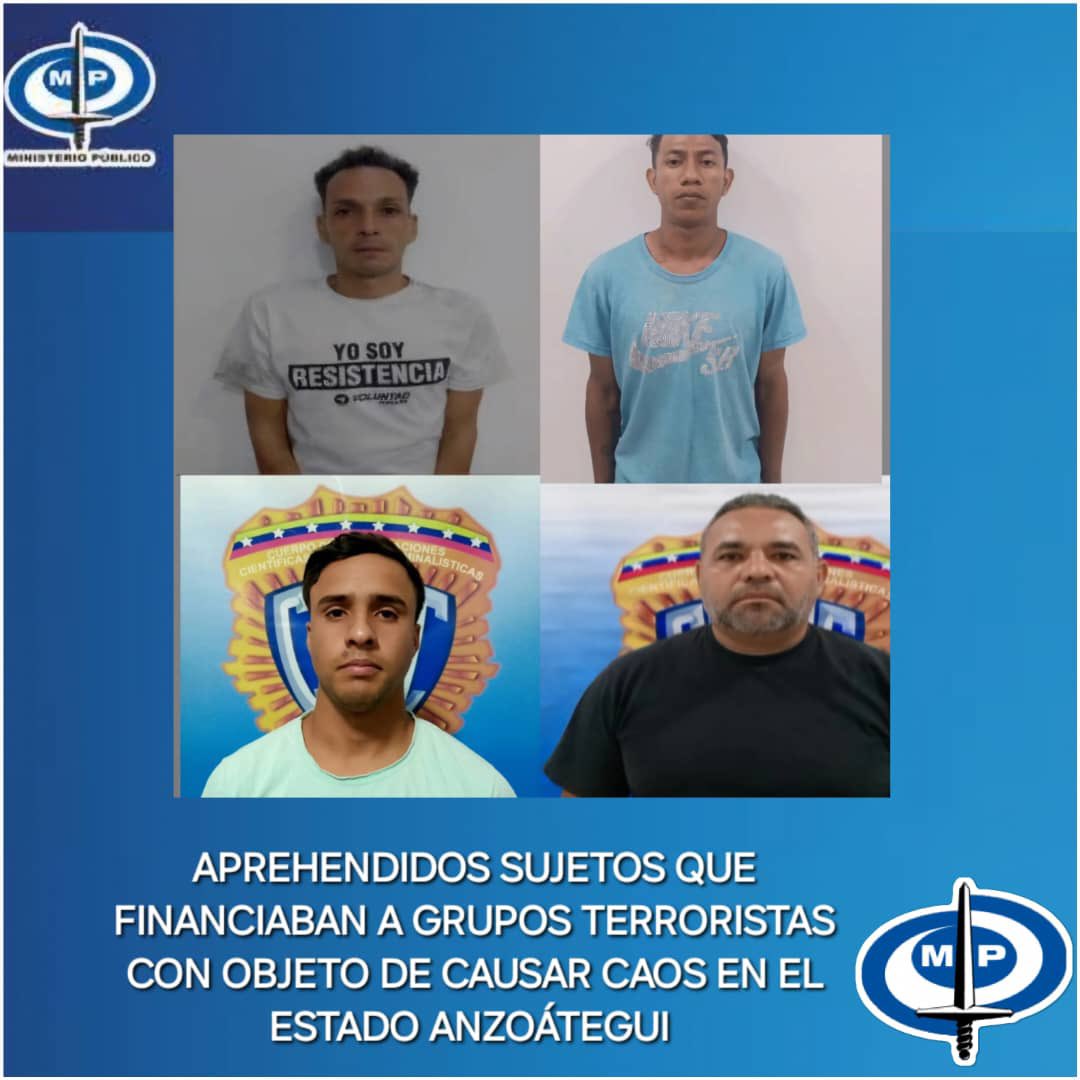 TarekWiliamSaab's tweet photo. #AHORA

 #Fiscalía Novena #Anzoátegui #imputará a los sujeto Alfenis Jose La Rosa González, José Eduardo Malaver Rondon, Luis Antonio Bericote Malave y Edén de Jesús Naranjo Monasterios.

Por los #delitos de Terrorismo, Financiamiento al Terrorismo, Incitacion al odio y Asociación para delinquir.

Dichos sujetos fueron los responsables de realizar los actos vandalicos suscitados en el Municipio Sotillo y financiaban a un grupo de personas (motorizados) y participaron activamente en las guarimbas y actos vandalicos realizadas posterior a las recientes elecciones presidenciales. 

Dichos terrositas eran parte de los llamados comanditos del Municipio Sotillo. 

#MAXIMAJUSTICIA