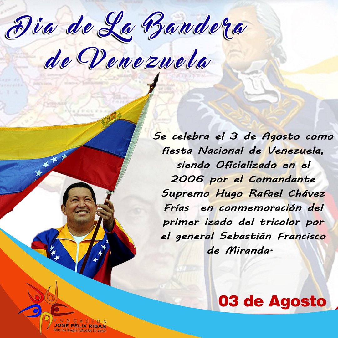 #3Ago|| Celebramos el Día de la Bandera Nacional, fecha en que Francisco de Miranda, tocó tierra venezolana en la Vela de Coro y ondeó por primera vez en el país la bandera tricolor. Hoy con orgullo ondeamos el pabellón con sus tres franjas, sus 8 estrellas y el escudo.
