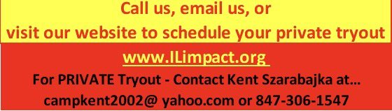 16u PITCHER - You are the final player for a complete team at MVP Illinois Impact!!

Call Kent at 847…306…1547 or email  or visit our website 

…a team that is not in danger of folding, we are your destination.  An A level schedule, NO parent coaches!