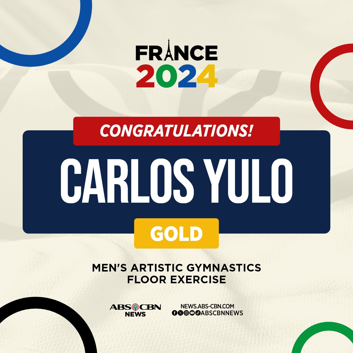 YOU FLOORED US, CALOY!

Carlos Yulo delivered the first gold medal for the Philippines after dominating among 7 other athletes in the floor finals of the men's artistic gymnastics at #Paris2024 #Olympics.