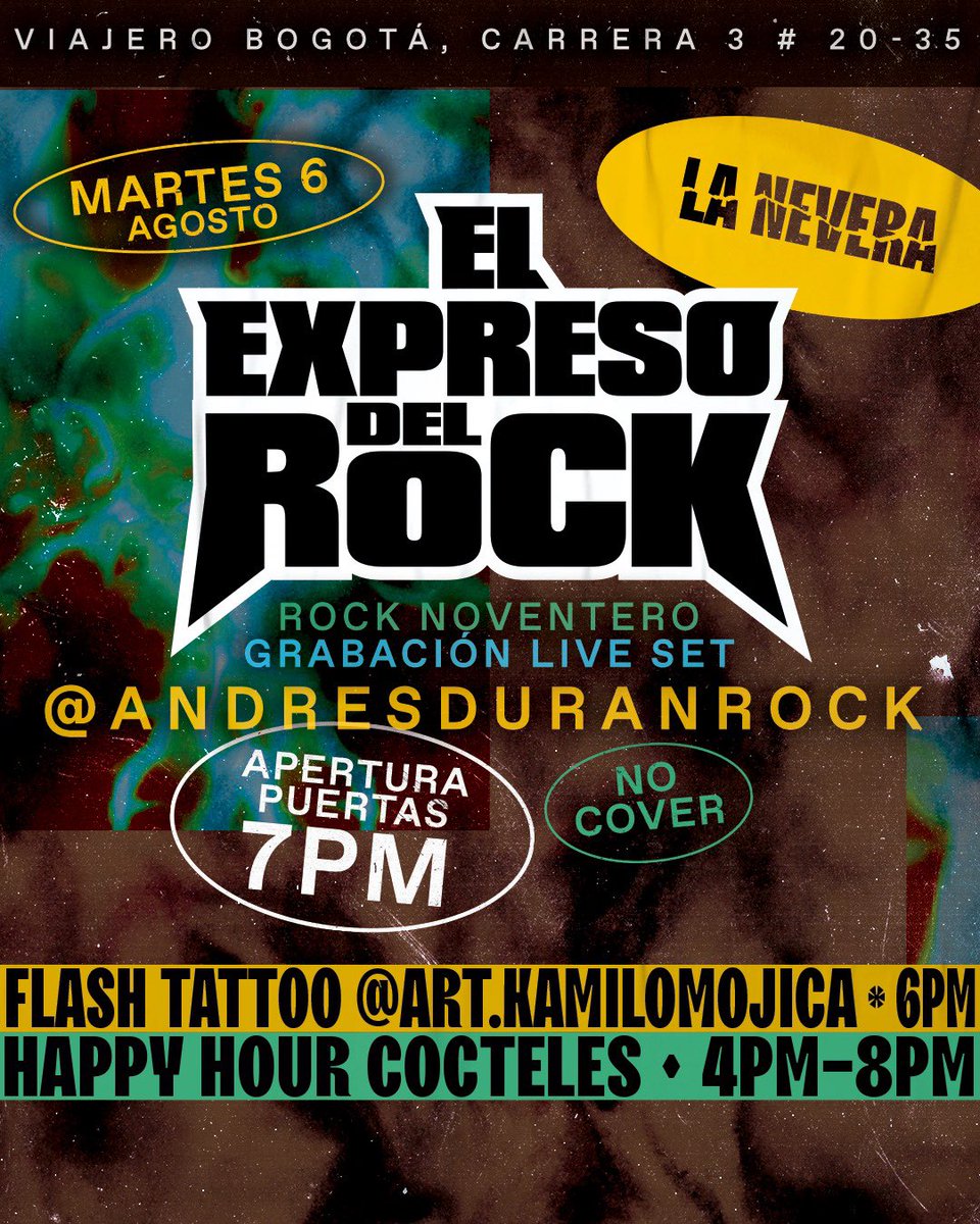 andresduranrock's tweet photo. Grabación Live Set con El Expreso del Rock en @LaNeveraComidaParchePola & lo mejor del Rock de los 90,S 📀
🗓 Martes, 6 de Agosto, 2024
🎟 No Cover
🏢 Carrera 3 #20-35, Bogotá,
🕗 21:00 hrs.
📲 Info 322 4404442
@viajerohostels @art.kamilomojica #rockdelos90 #rock90 #djset https://t.co/LkNau8K1Ji