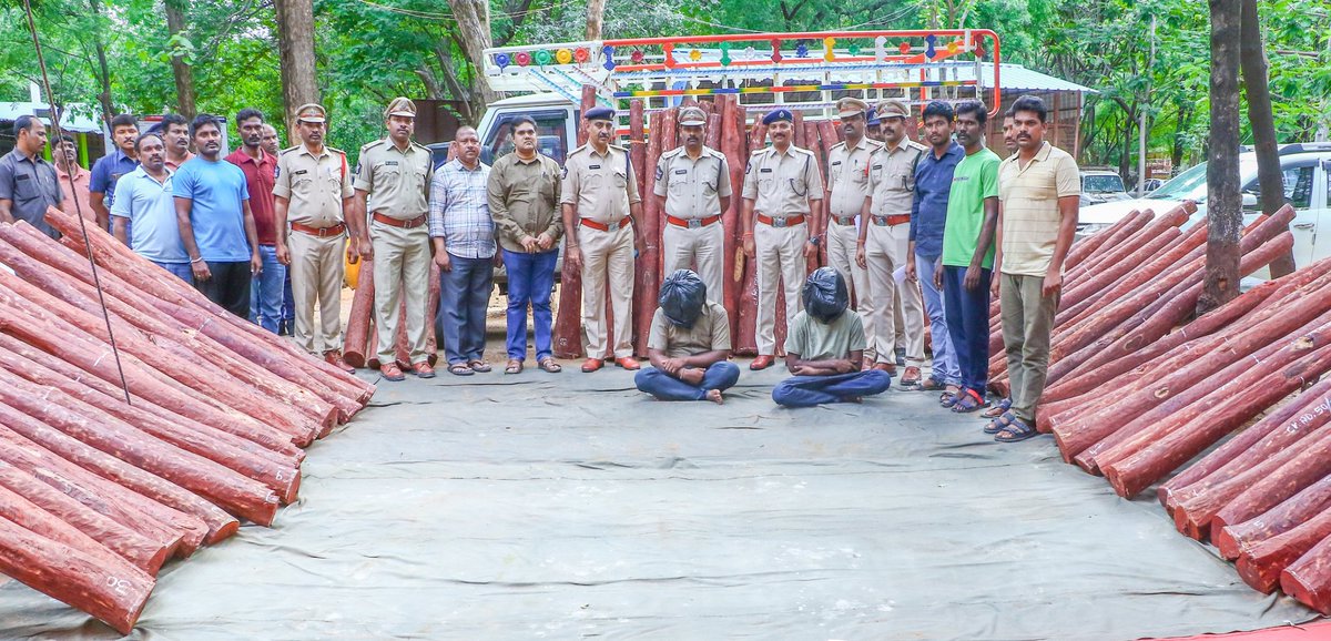 APPOLICE100's tweet photo. 2 Red Sander smugglers arrested-Seized 1.5cr worth red sander logs-#APPolice: With reliable information received, the Red Sanders Anti Smuggling Task Force while checking vehicles near Damajipalli village under Guntur forest beat limits arrested 2 #redsander smugglers.(1/2) https://t.co/0hoxbxsXSk