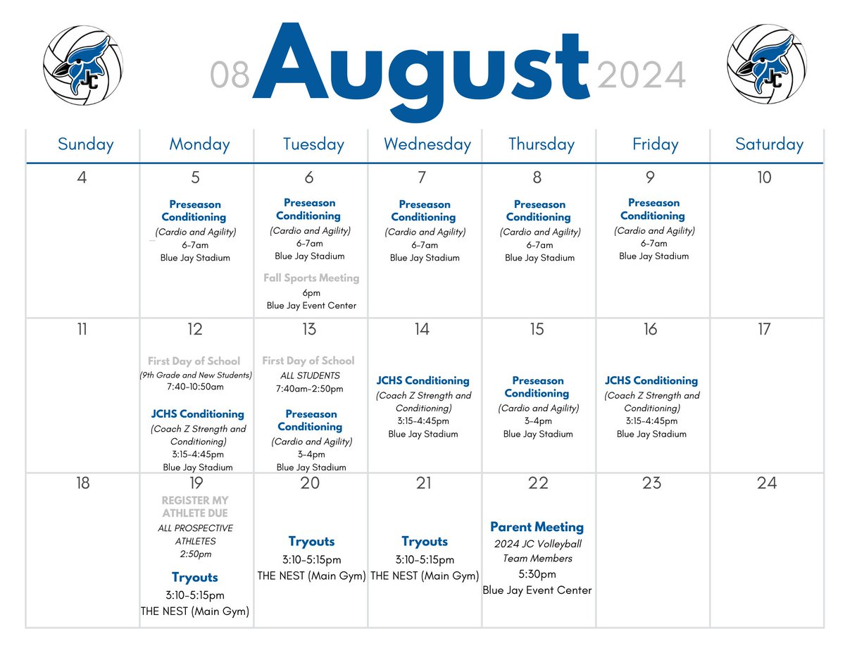Our schedule for the month of August!  

Conditioning opportunities are open to ALL JCHS prospective athletes. 

Tryouts begin on Monday, August 19th, after school. Participation in Tryouts requires the completion of Register My Athlete.