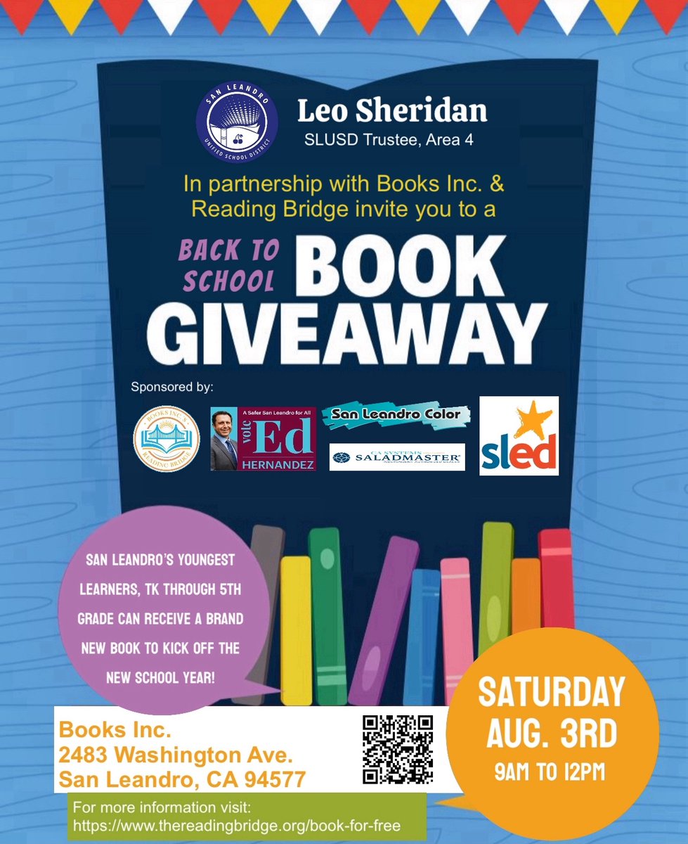Happening this morning from 9am to noon at <a href="/BooksIncStores/">Books Inc. 📚🌉</a> on Washington Ave. <a href="/SLUSD_News/">San Leandro USD</a>