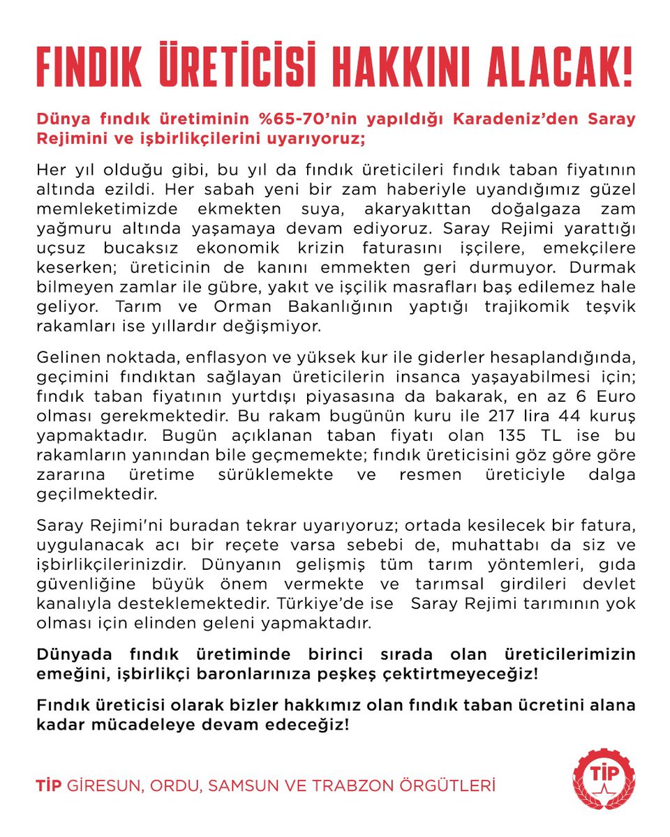 FINDIK ÜRETİCİSİ HAKKINI ALACAK!

Dünya fındık üretiminin %65-70’nin yapıldığı Karadeniz’den Saray Rejimini ve işbirlikçilerini uyarıyoruz;