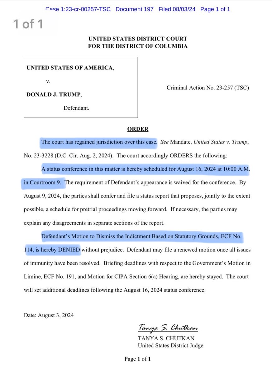 glennkirschner2's tweet image. As I said in yesterday&apos;s #JusticeMatters video, don&apos;t be surprised if we see an order from Judge Chutkan as early as Saturday. And . . . there it is. She DENIES Trump&apos;s motion to dismiss, sets some filing deadlines, and sets the first status hearing for August 16. 
Let&apos;s roll.
