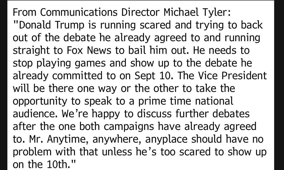 josh_wingrove's tweet photo. The Harris response, in short: we’ll be at the ABC debate that Trump agreed to with Biden on Sept 10, regardless of if Trump is. Any other debates can come after that and depend on discussions. https://t.co/IW0ufZPG5P