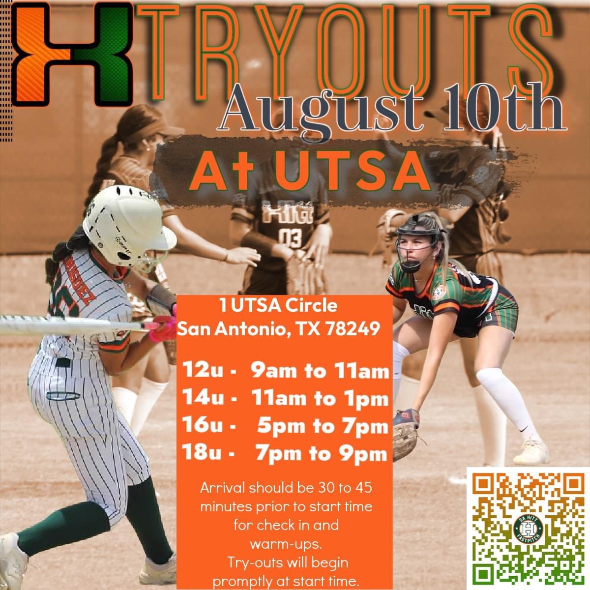 📣Hitt Tryouts📣 1 Week Away!
At UTSA Softball Field!

12U - 9am to 11am
14u - 11am to 1pm
16u - 5pm to 7pm 
18u - 7pm to 9 pm 

Please arrive 30 to 45 minutes prior for check-in and warm ups. The link below can be used to pre-register. 
forms.gle/i3friFWQDiD86z…