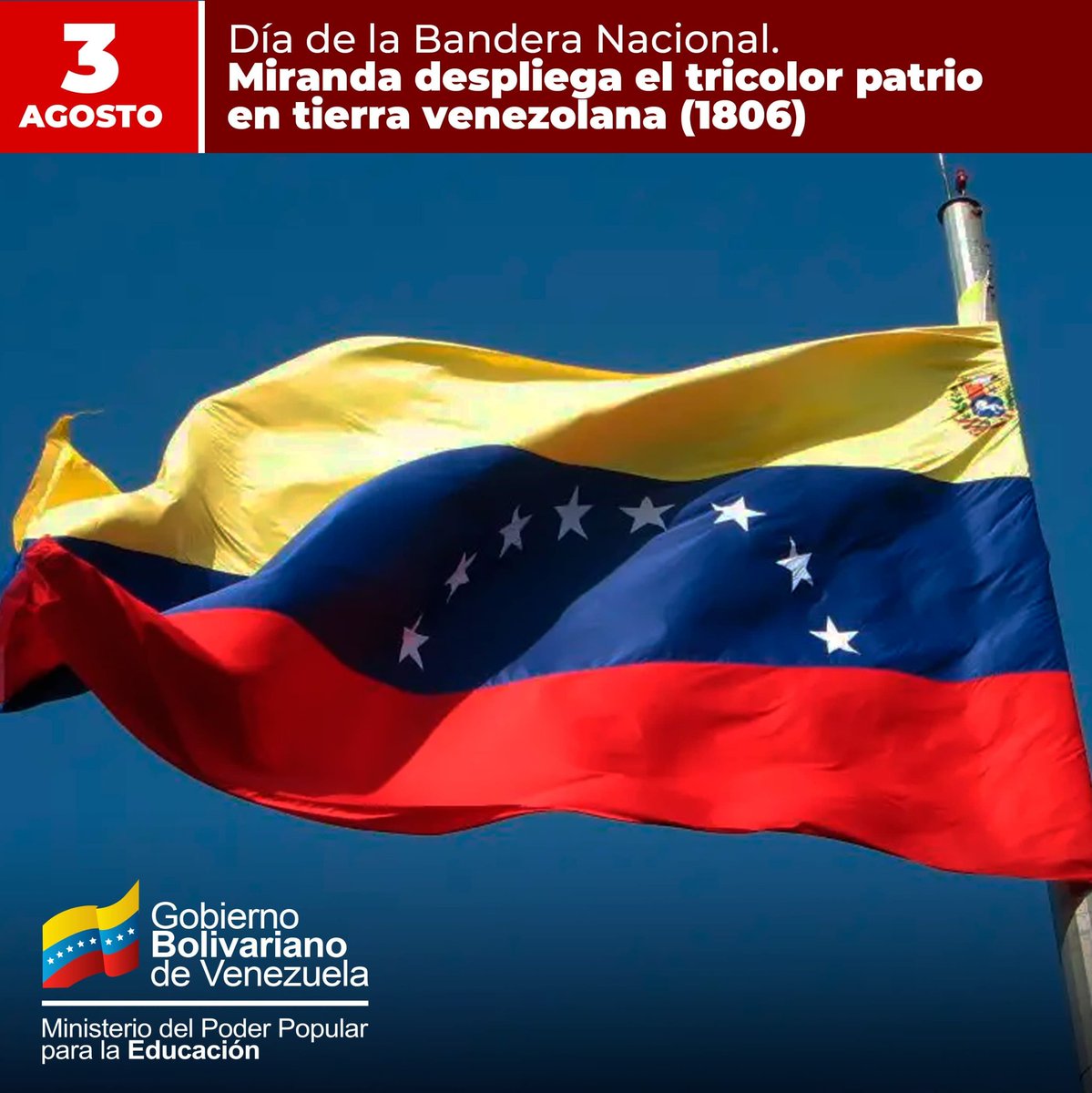 ¡Orgullo de Venezuela!

Hace 218 años Francisco de Miranda elevó nuestro tricolor nacional. Su amarillo, azul y rojo son un canto a nuestras riquezas y sus ocho estrellas representan las provincias que forjaron nuestra independencia.

#PaísDeOchoEstrellas
<a href="/NicolasMaduro/">Nicolás Maduro</a>
