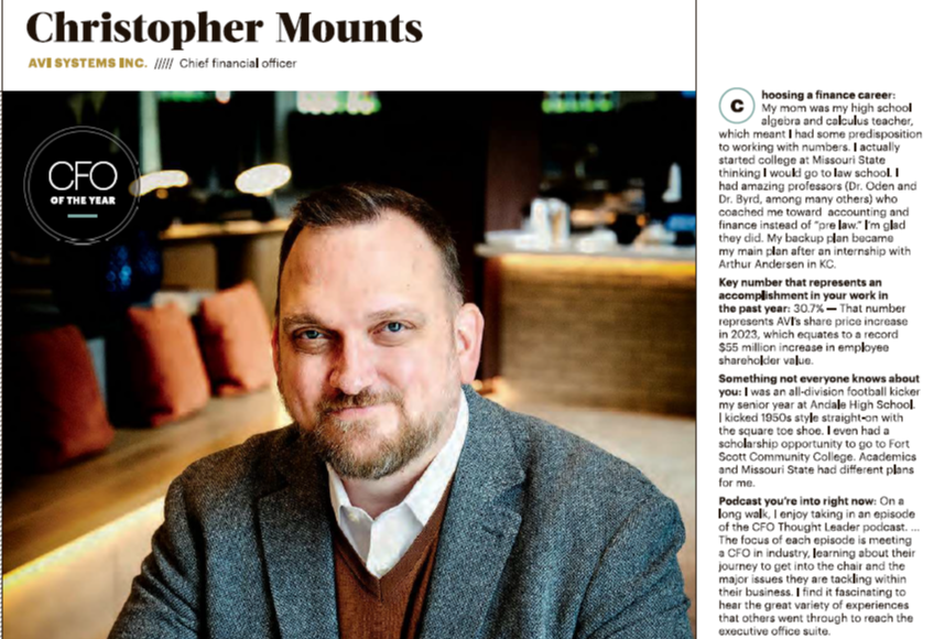 our_forte's tweet image. On August 1, our CFO Chris Mounts received CFO of the Year Honors from the Kansas City Business Journal! We're so grateful for Chris's stewardship at AVI Systems. Chris is proud of increasing shareholder value for our employee owners! Congrats Chris! #CFO #CFOoftheYear #KCBJ