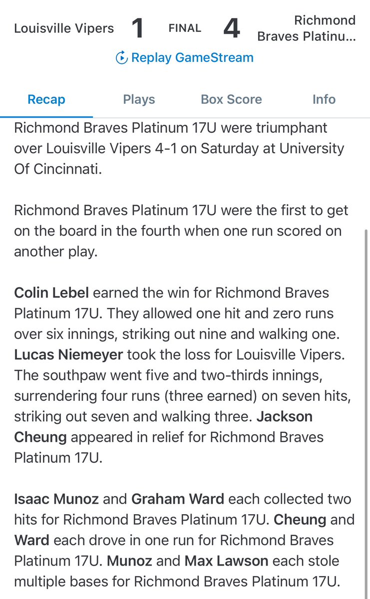 Richmond Braves (@richmondbraves) on Twitter photo Survive and advance!
18u Platinum takes game 1 of bracket play behind a big performance for Colin Lebel (<a href="/GWBaseball1/">GW Baseball</a>) on the bump and <a href="/JacksonCheung9/">Jackson Cheung</a> and <a href="/GrahamWard00/">Graham Ward</a> stay hot at the plate!
Game 2 at 12:15 today 💪🏼 Survive and advance!
18u Platinum takes game 1 of bracket play behind a big performance for Colin Lebel (<a href="/GWBaseball1/">GW Baseball</a>) on the bump and <a href="/JacksonCheung9/">Jackson Cheung</a> and <a href="/GrahamWard00/">Graham Ward</a> stay hot at the plate!
Game 2 at 12:15 today 💪🏼