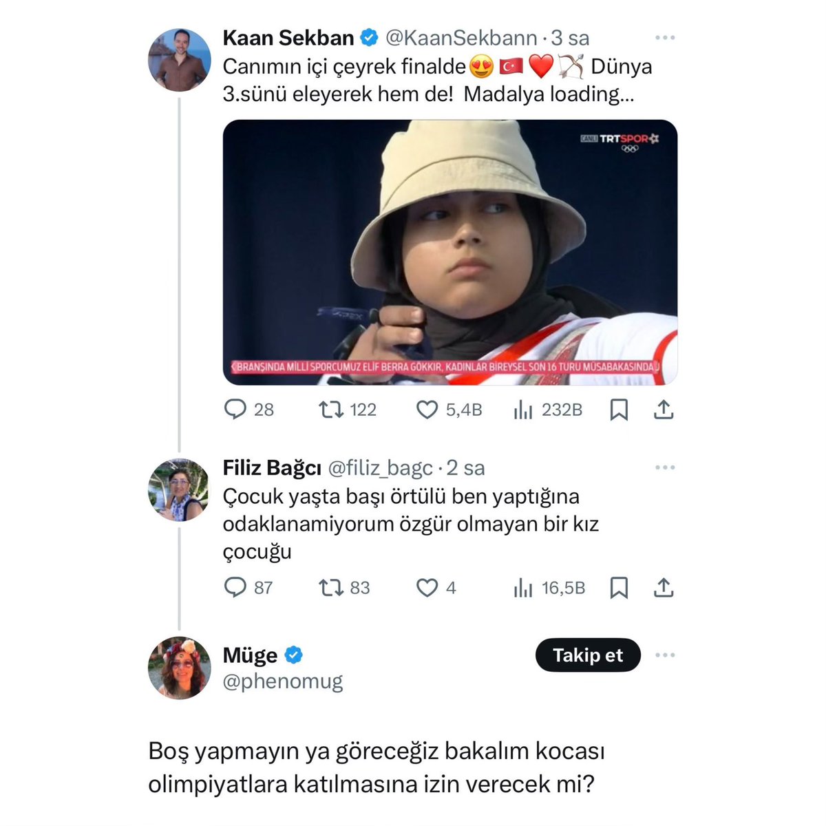 themarginale's tweet photo. Ülkemizi olimpiyatlarda başarıyla temsil edip çeyrek finale çıkan 17 yaşındaki Elif Berra Gökkır kardeşimizin başındaki örtü nerenize battı?

Uzaya mekik gönderdiniz de bu kardeşimizin başörtüsüne mi takıldı? https://t.co/HPRwofvYQy