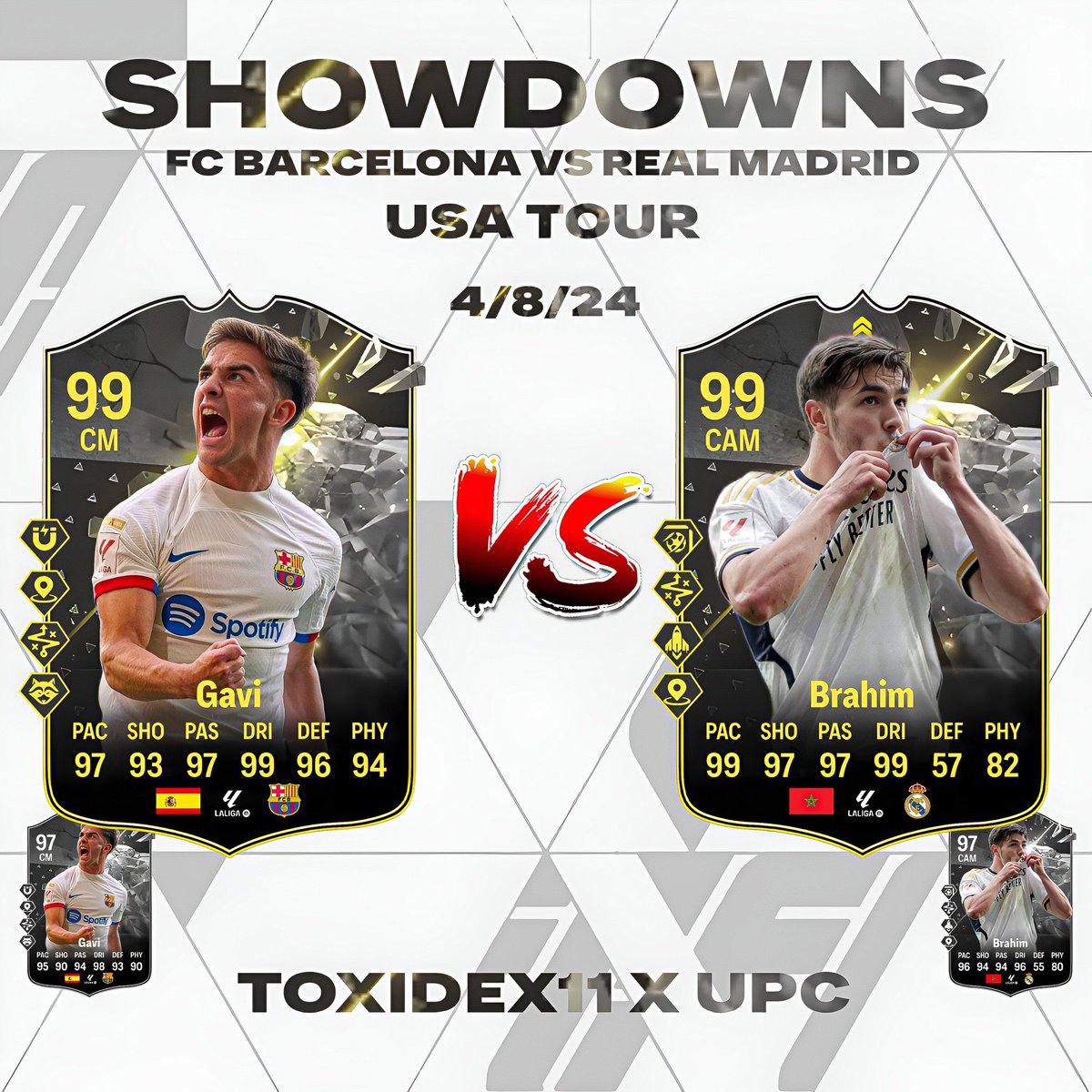 SHOWDOWN USA TOUR 🚨

Hoy se juega el clásico de la liga española en Nueva York. El partido es a la 1:00 am hora española.
Por aquí traemos predi de Gavi y Brahim, 2 cartas que se convertirían en 99 de media.

Que jugadores pondríais vosotros ?

📸<a href="/ToxideX11_EAFC/">UPC Toxi</a> 

👉🏻@fut_josep
