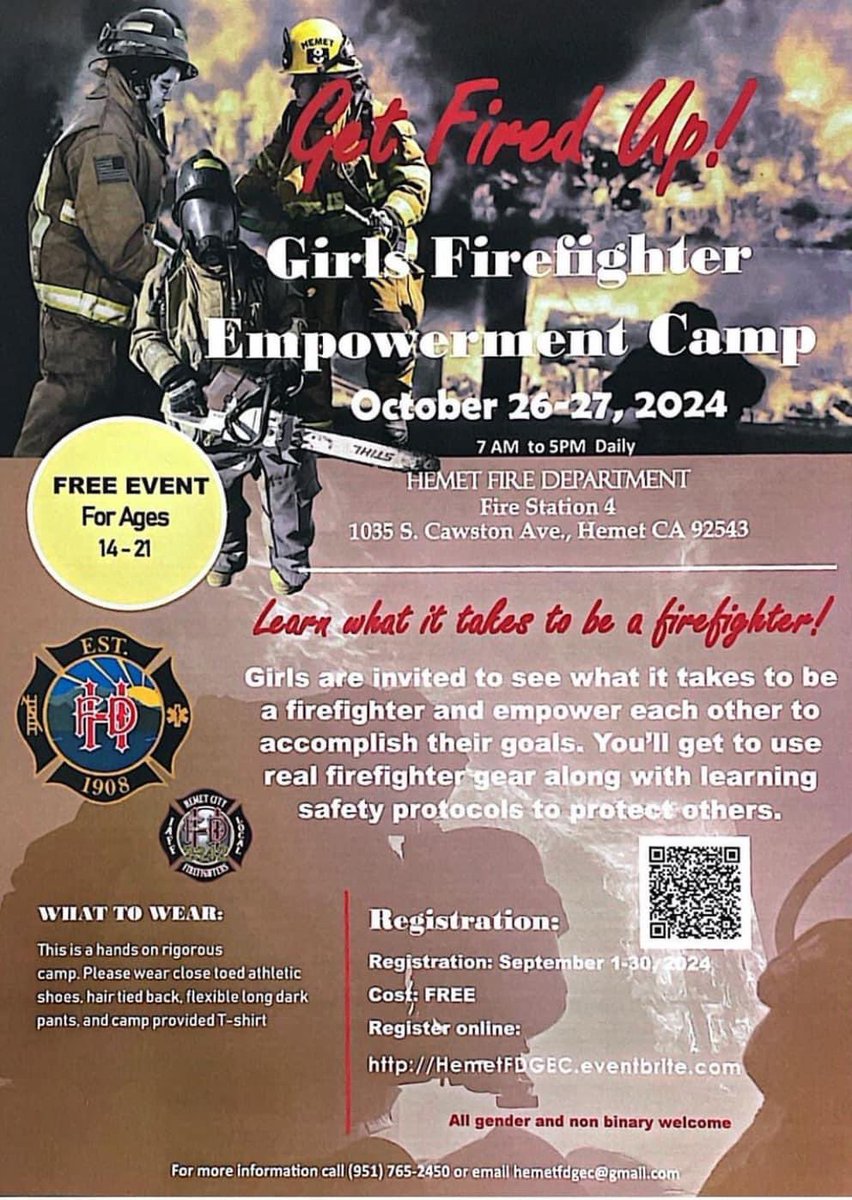 FirePhotoGirl's tweet image. Don’t miss out on this Girls Empowerment Camp in October! Great opportunity for young girls to see what it takes to be a firefighter. @hemetfire #futurefirefighter