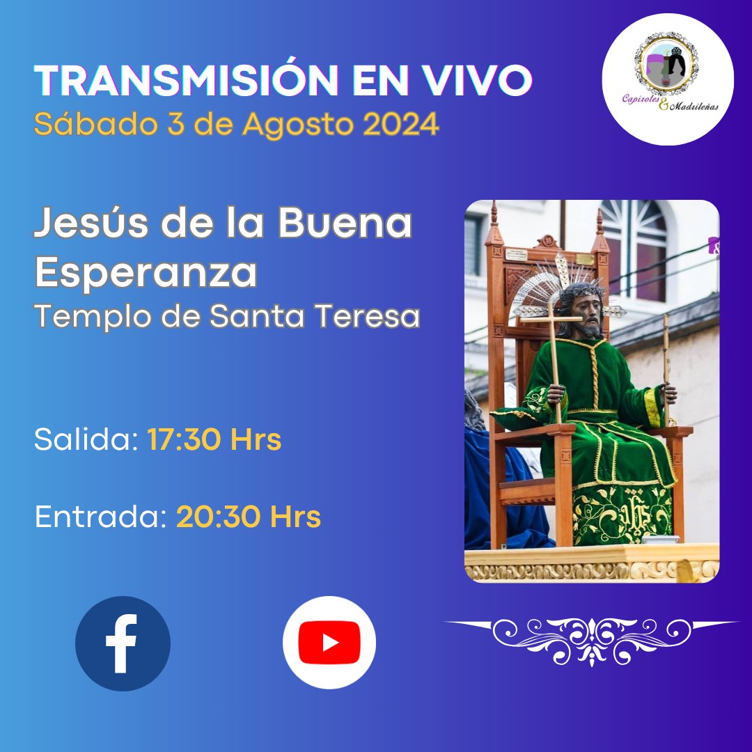 Capirotes_Mad's tweet photo. #ProcesionesGT | Te compartimos nuestras transmisiones en vivo para este primer fin de semana de Agosto 2024. Acompáñanos y vive las procesiones del Centro Histórico junto a nosotros.

#capirotesYmadrileñas #Catolicos #JesúsDeLaMerced #SantoDomingo #JesúsDeLaBuenaEsperanza https://t.co/NWi96K4CIA