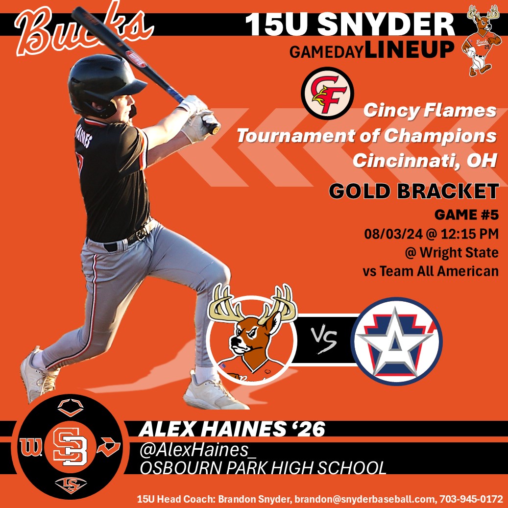 Snyder Baseball (@snyderbaseball) on Twitter photo 🚨 Game Day Update 🚨
SNYDER BUCKS 15U Snyder hits the Quarter Finals! ⚾️🏆 Join us at 12:15 PM as we kick off the Gold Bracket. Watch '27 Teddy Trynock <a href="/TrynockT/">Teddy Trynock</a> <a href="/KRBaseball1/">KR Baseball</a> start with the rock in Game 5!
<a href="/PrepBaseOHScout/">Prep Baseball Ohio Scouting Coverage</a> #tocpb
Let's go, BUCKS! 🦌🔥⚾️ 🚨 Game Day Update 🚨
SNYDER BUCKS 15U Snyder hits the Quarter Finals! ⚾️🏆 Join us at 12:15 PM as we kick off the Gold Bracket. Watch '27 Teddy Trynock <a href="/TrynockT/">Teddy Trynock</a> <a href="/KRBaseball1/">KR Baseball</a> start with the rock in Game 5!
<a href="/PrepBaseOHScout/">Prep Baseball Ohio Scouting Coverage</a> #tocpb
Let's go, BUCKS! 🦌🔥⚾️
