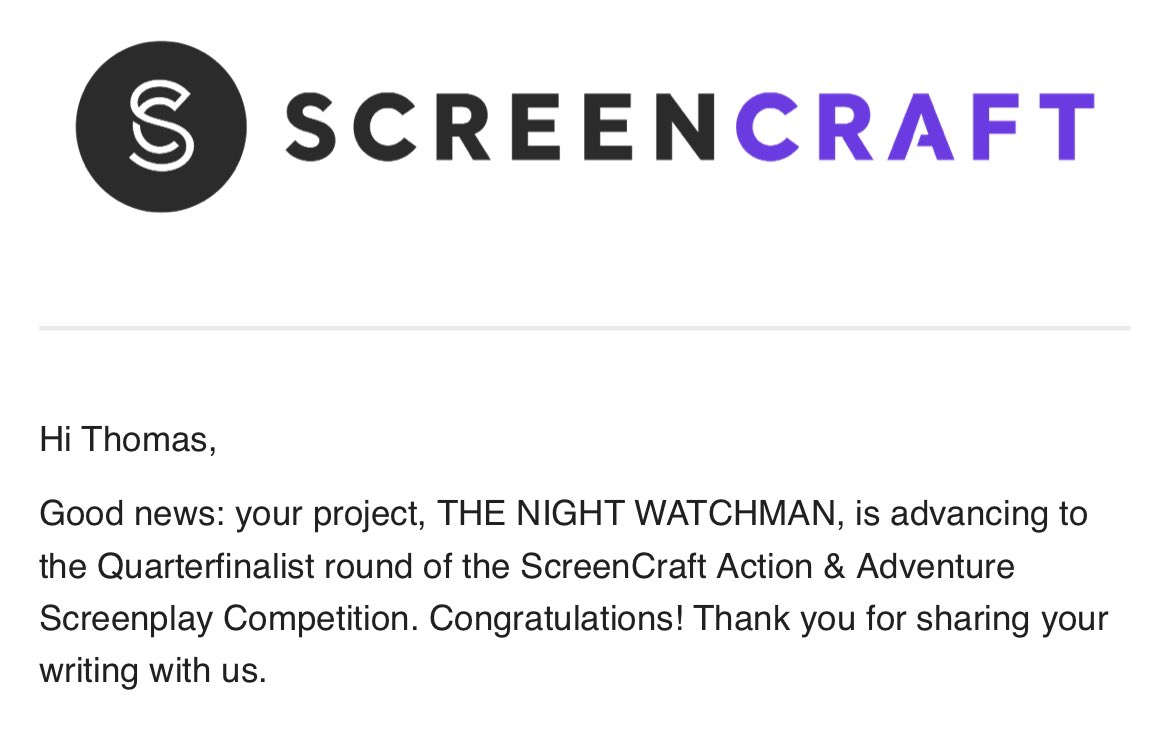 ThomasCGaunt's tweet image. THE NIGHT WATCHMAN made  @screencrafting’s Action &amp;amp; Adventure QFs!!!  Thank you and Congrats to all who made it! #ScreenwritingTwitter