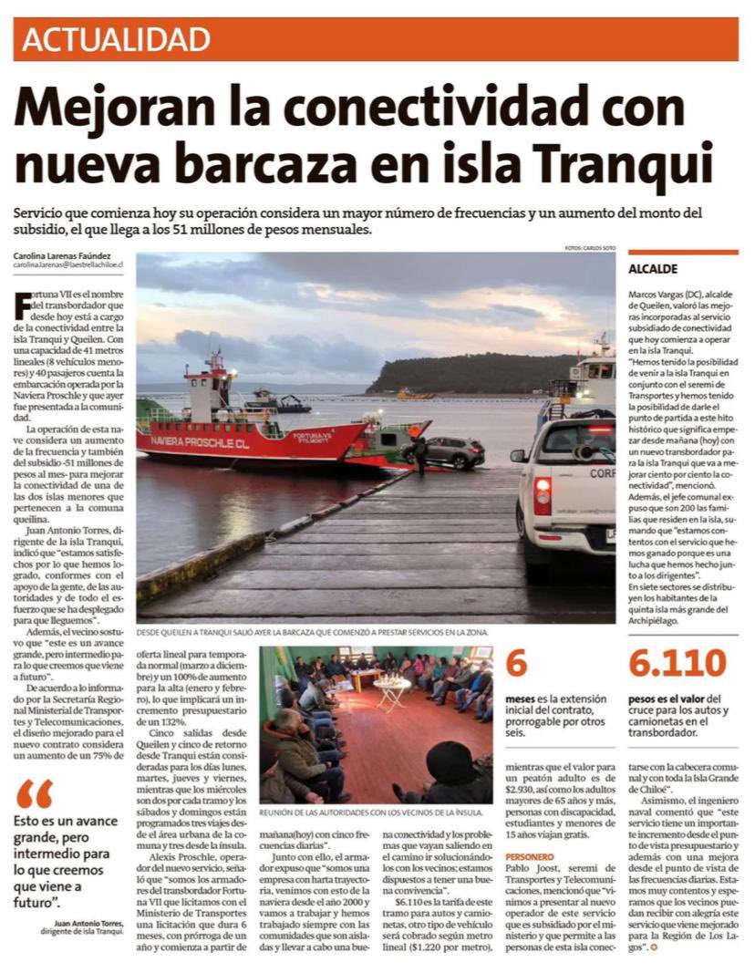 #PrensaMTT|🗞️El diario <a href="/estrellachiloe/">Estrella de Chiloé</a> destacó el avance en materia de conectividad para los habitantes de Isla Tranqui, gracias a las mejoras al servicio de transporte marítimo que conecta el territorio con la capital comunal #Queilen ; y que comienza a operar a partir de hoy 🚢