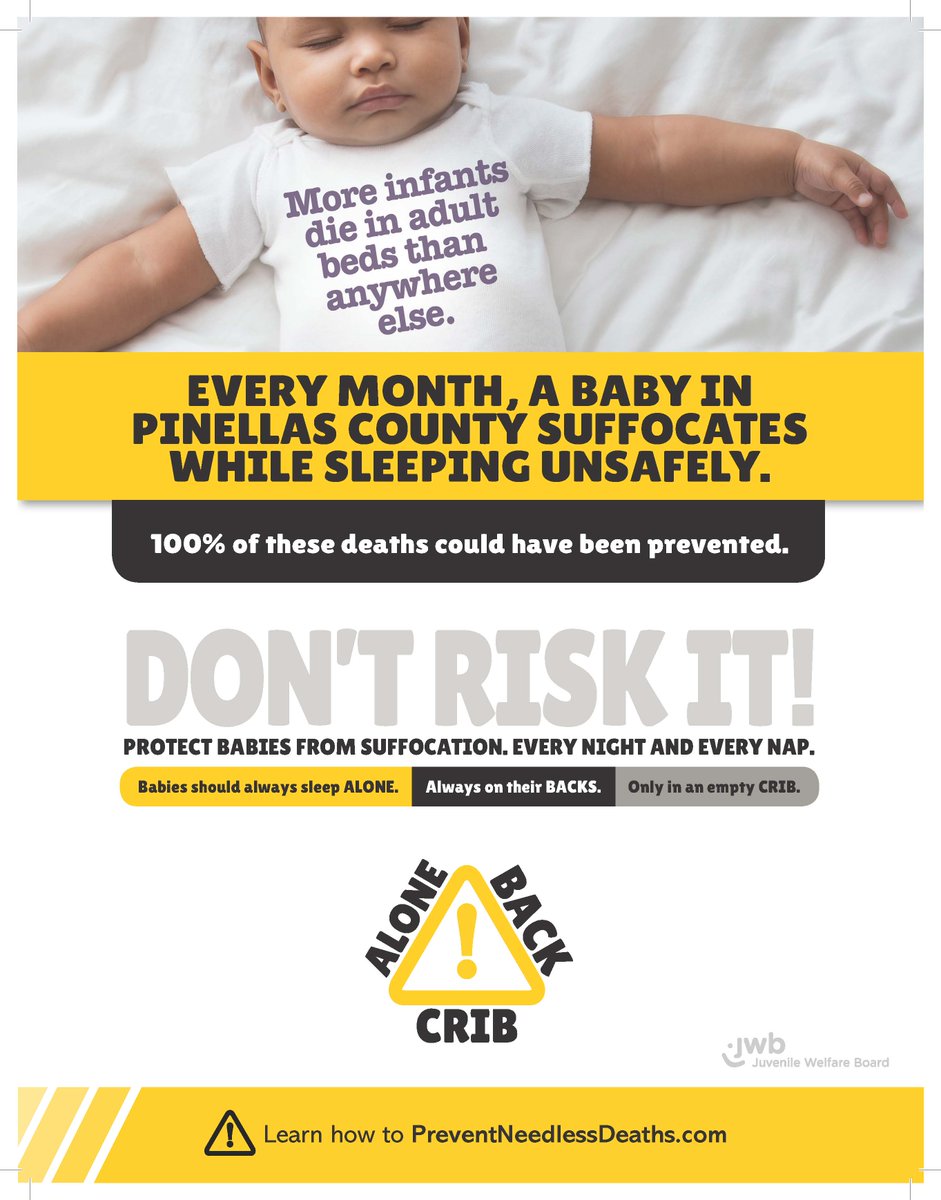 JWBPinellas's tweet photo. Two-thirds of infant sleep-related deaths happened when parents shared a bed (co-slept) with their baby. Children are particularly vulnerable to suffocation at this age so #DontRiskIt!

Learn life-saving tips at https://t.co/gDI7RYCP6i

#SafeSleepSaturdays #AloneBackCrib https://t.co/W4jrOs5P7t