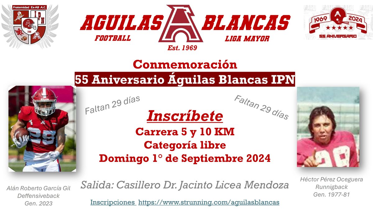 aguilablanca23's tweet photo. La Fraternidad de Exjugadores de las AB, A.C.

Te invita a participar en la carrera conmemorativa por el 
55 Aniversario de las Águilas Blancas IPN 
Liga Mayor

Inscripciones en: https://t.co/1BmhRBtGqB https://t.co/y1HBBbIBzc