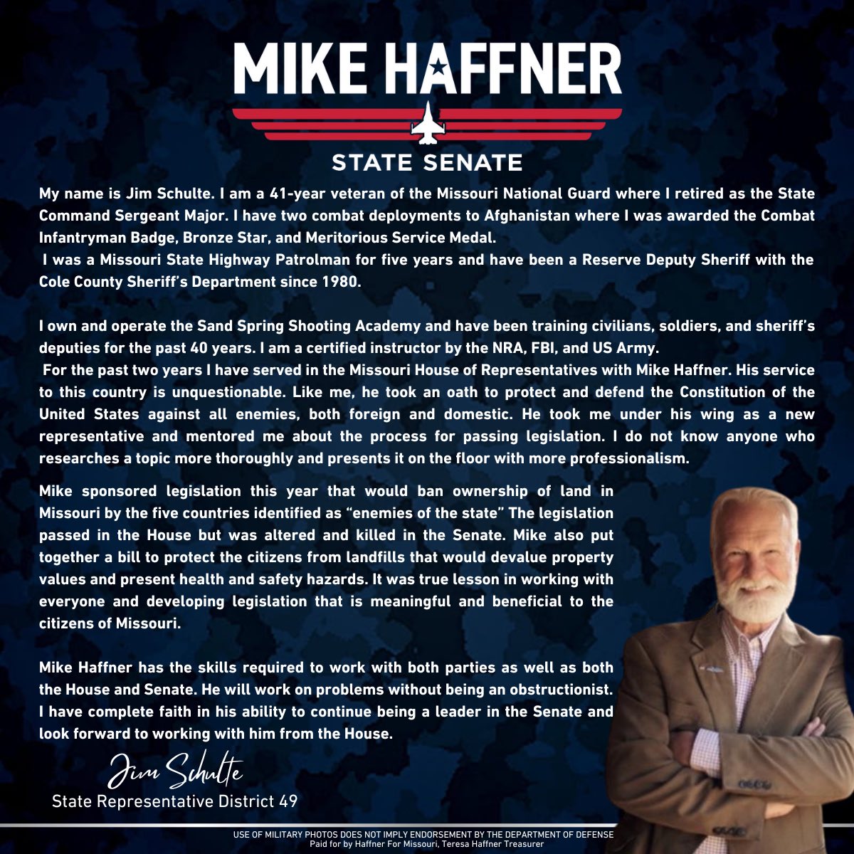 I am honored to receive the endorsement of Rep. Jim Schulte. It was a privilege to mentor Rep. Schulte during his early days in the State House, and I am grateful for his friendship &amp; the work he does for Missourians. Thank you for your support &amp; commitment to our shared values!