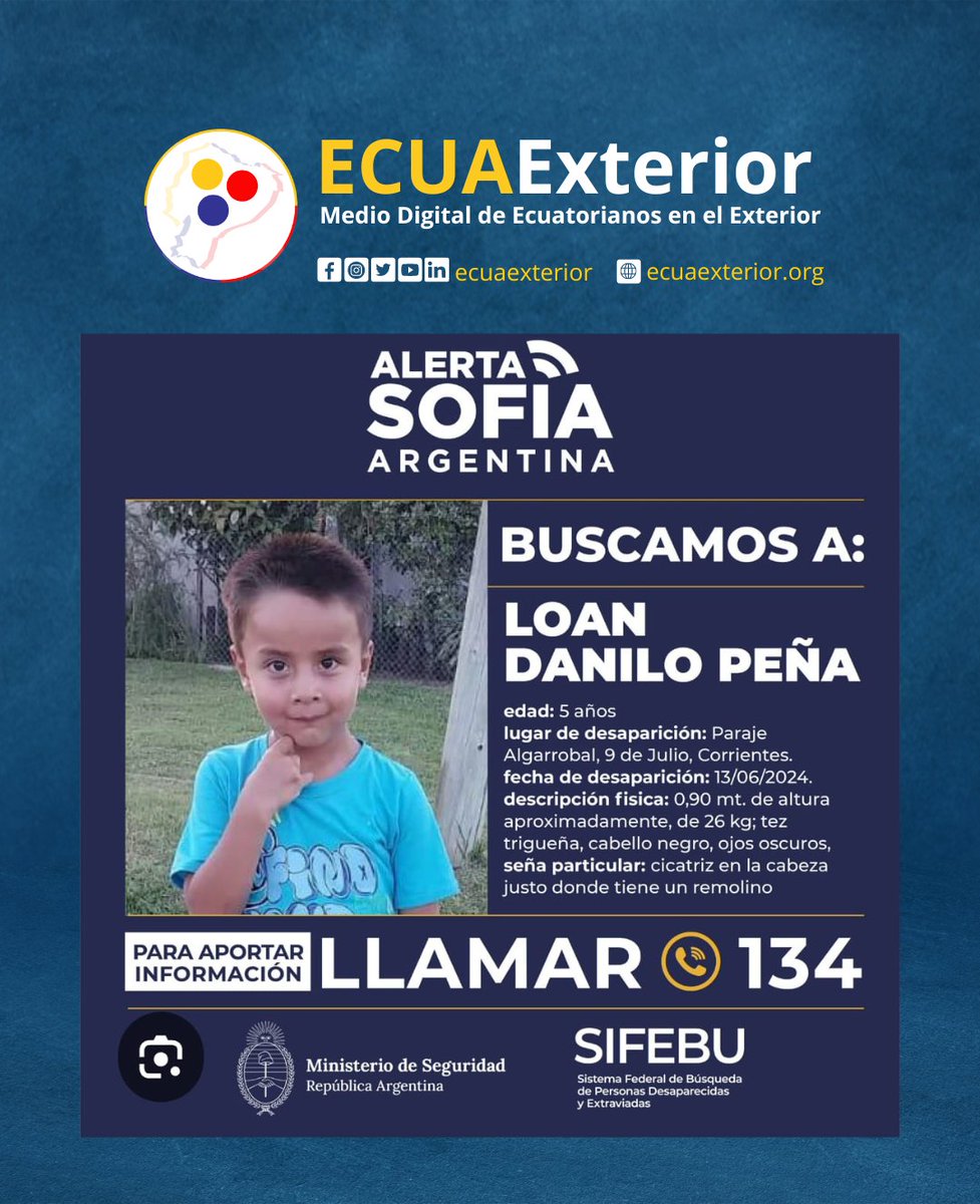 🟨🟦🟥 COOPERACIÓN INTERNACIONAL || Se busca a #LoanDaniloPeña de 5 años. Es de #Argentina y dicen haberlo visto en #Colombia.

#Urgente #Barranquilla #EcuatorianosEnColombia

<a href="/PatoBullrich/">Patricia Bullrich</a>