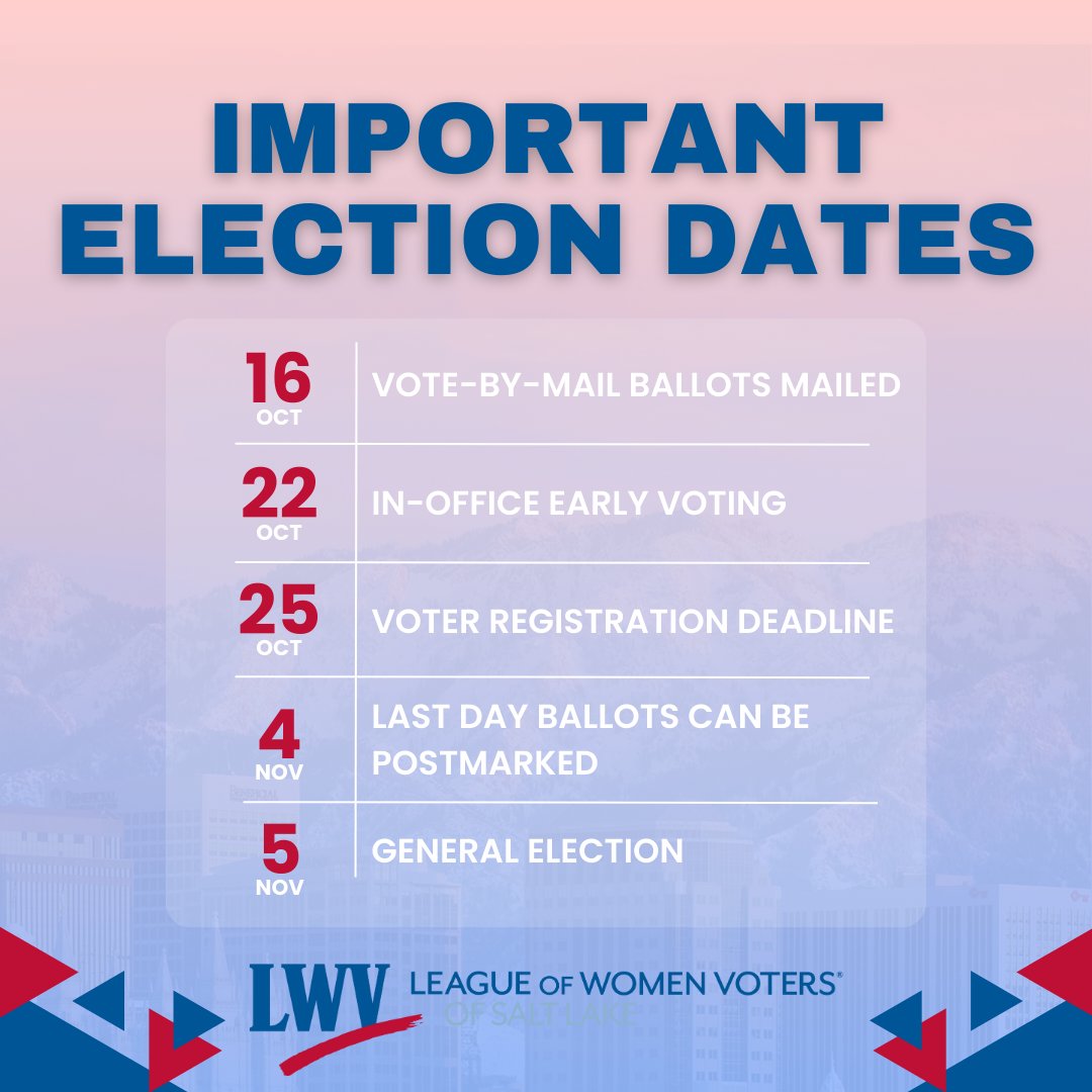 lwvsl's tweet photo. Elections are coming up fast, so there are a few dates to keep in mind as you prepare to cast your ballot. Take special note of all the deadlines that will be important to you. Whether you prefer to vote in person or by mail, just make sure that you can and do vote! https://t.co/CcUBSwaPVh