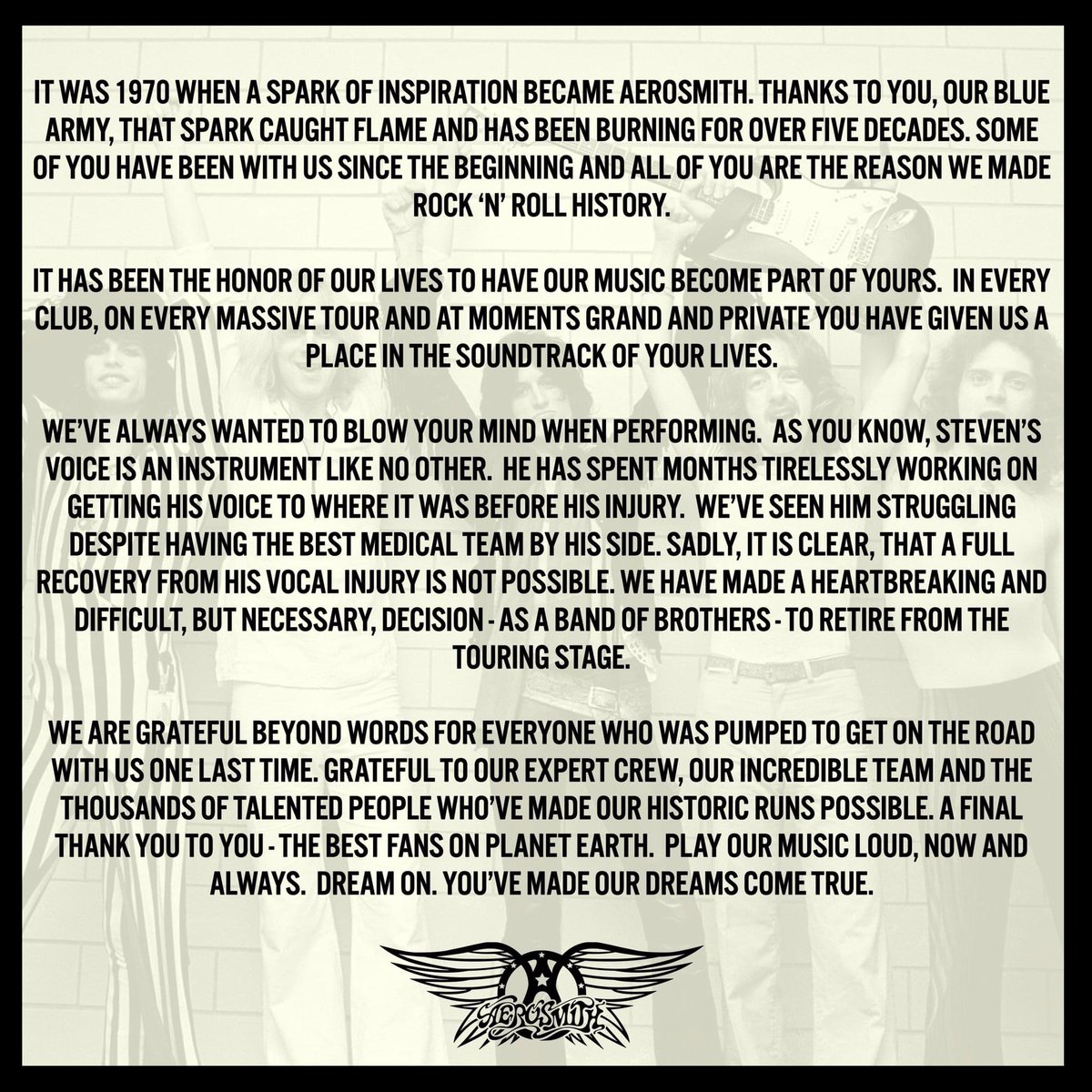 JackDiamond's tweet image. Aerosmith, America’s rock ‘n’ roll band, is calling it a day. Here’s the statement from the band. We’ll play Aerosmith music Monday morning on The Jack Diamond Show with a tribute to the band. If it’s even possible to pick just one, what is your favorite Aerosmith song?